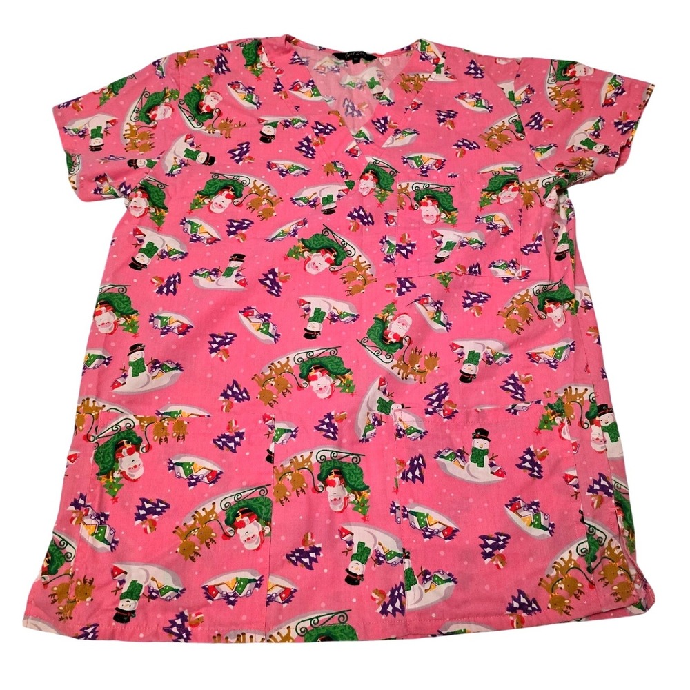 Women's Size XS Christmas‎ Holiday Scrub Top Santa Snowman, Excellent Condition